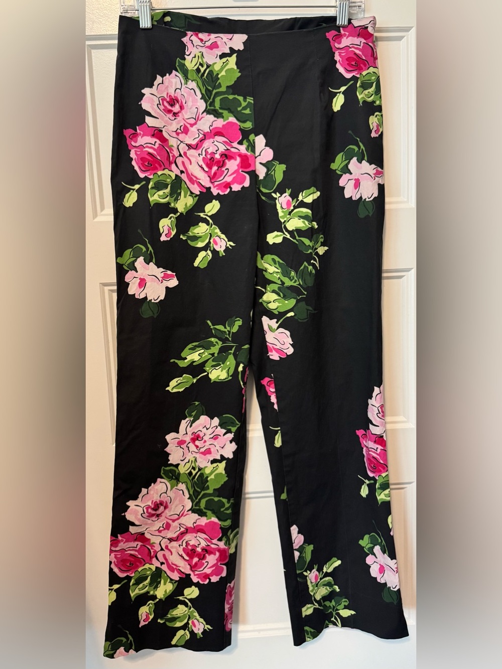 Vintage Boston Proper Floral Stretch Pants 8 Black Pink Rose Y2K Straight Leg